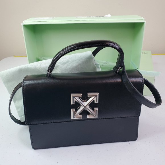Off-White Handbags - Off-White Womens Black Silver Twist Jitney 2.8 Leather Top Handle Handbag
